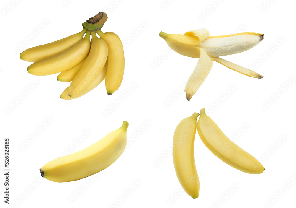 Collection of fresh banana isolated on white background, Rib yellow banana group for wallpaper