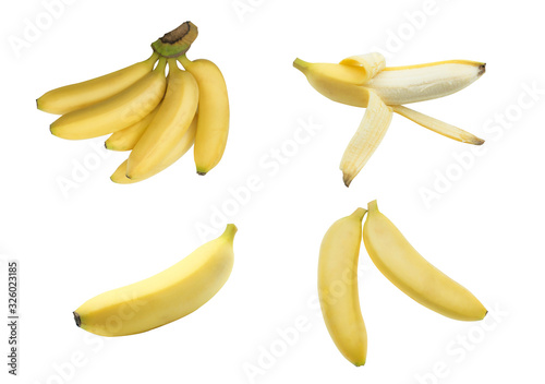 Collection of fresh banana isolated on white background, Rib yellow banana group for wallpaper