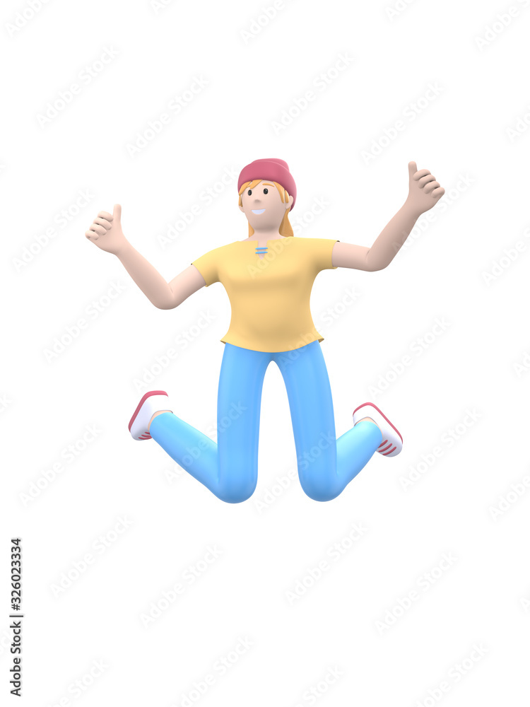 Young cheerful hipster girl in a hat dances, jumps, levitates and flies. Positive character in casual colored clothes isolated on a white background. Funny, abstract cartoon people. 3D rendering.