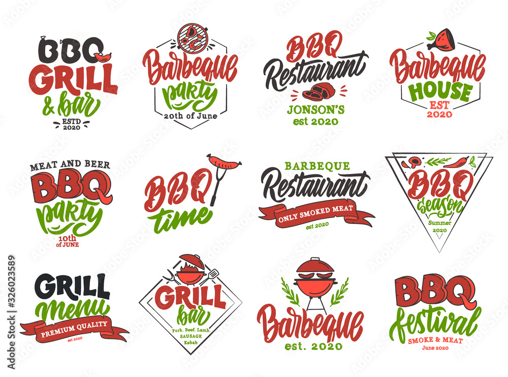 Set of vintage BBQ time emblems and stamps. Colorful badges, templates, stickers on white background