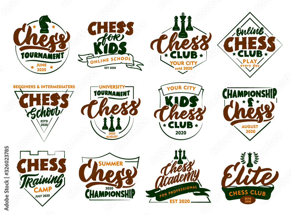 Set of vintage Chess emblems and stamps. Colorful badges, templates, stickers on white background isolated