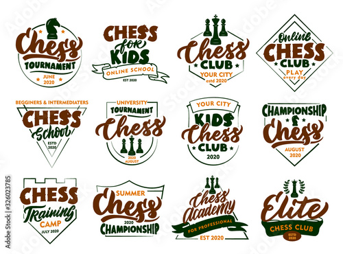 Set of vintage Chess emblems and stamps. Colorful badges, templates, stickers on white background isolated