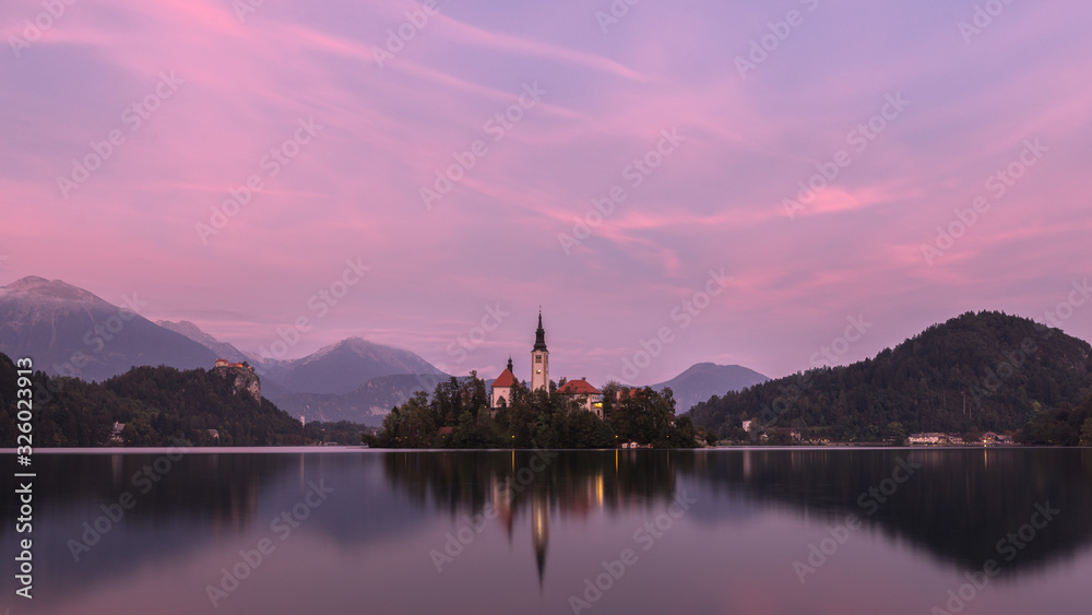 Sunset landscapes of Bled Island in Bled Lake, Slovenia