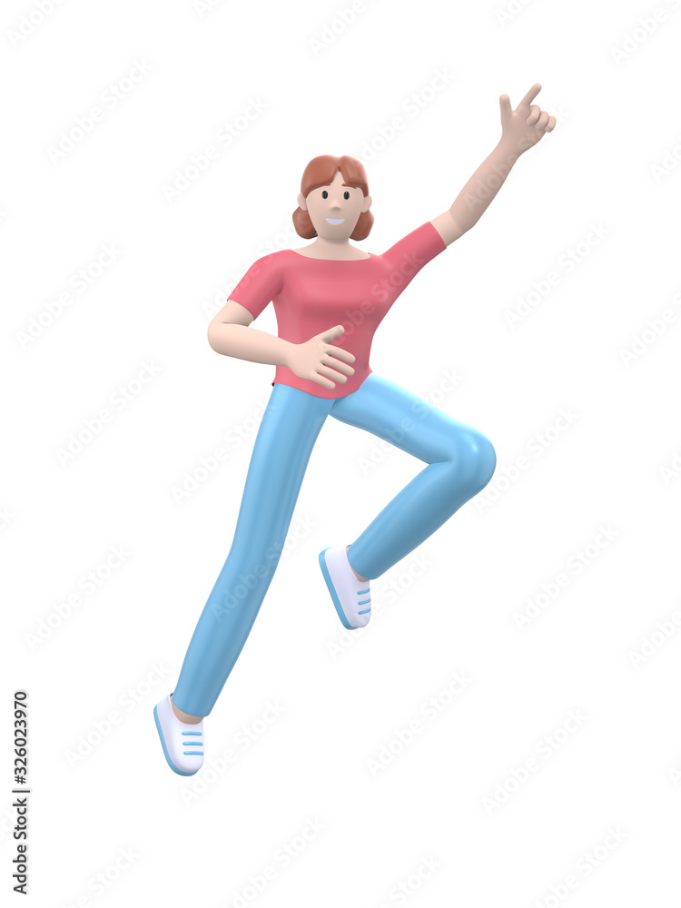 A young happy girl dances, jumps, levitates and flies her arms up. Positive character in casual colored clothes isolated on a white background. Funny, abstract cartoon people. 3D rendering.