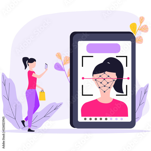 Smartphone scans a woman face. Face Scan System Recognition outline icon. Biometric Identification Concept. Technology of human verification in modern devices. Ultraviolet flat vector