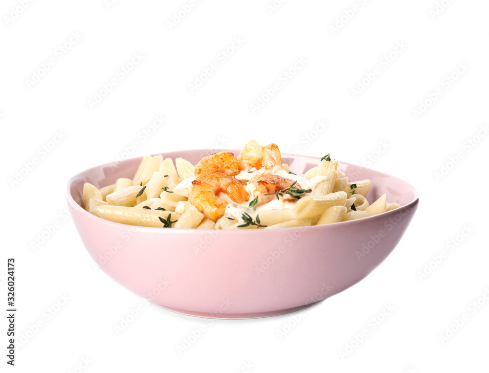 Delicious pasta with shrimps isolated on white Delicious pasta with shrimps isolated on white