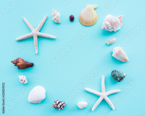 Top view, Summer time concept with sea shells, copy sapce.