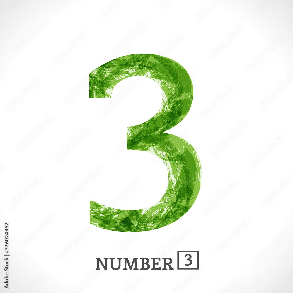 Number 3. Grunge Symbol three. Green Eco Style on a white. Ecology nature Design. Jpeg illustration Number 3. Grunge Symbol three. Green Eco Style on a white. Ecology nature Design. Jpeg illustration