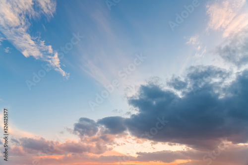 Fototapeta Naklejka Na Ścianę i Meble -  Beautiful bright sunset sky with clouds. Nature sky background. 