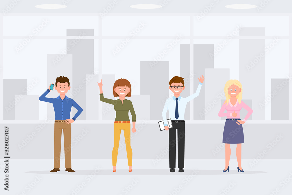 Cartoon character people standing front view in business office interior vector illustration. Men and women coworkers waving, thumbs up, talking on phone, smiling on cityscape background Cartoon character people standing front view in business office interior vector illustration. Men and women coworkers waving, thumbs up, talking on phone, smiling on cityscape background