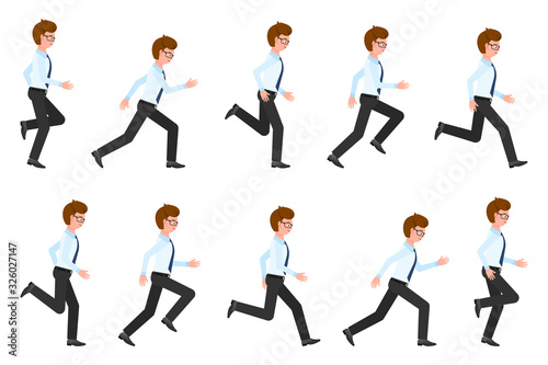 Young, adult man running sequence poses vector illustration. Fast moving forward, hurry, rush male person cartoon character set on white