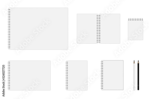 Vector notebook mockup (A3, A4, A5, A6), hardcover notebook, pencils 