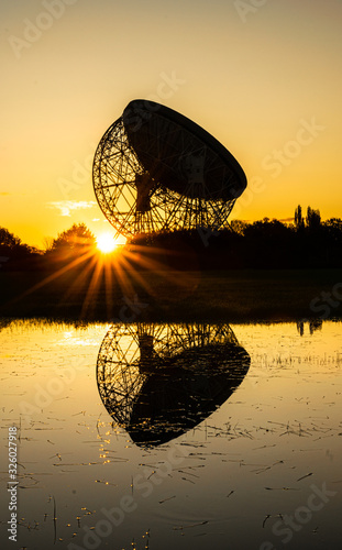 Sunrise at the Lovell Telescope at Jodrell Bank in the Cheshire landscape - a UNESCO World Heritage Site. Radio Telescope Centre for Astrophysics at the University of Manchester
