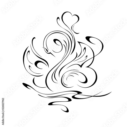 swan 29. graceful swan floating in the water. Graphic illustration in black lines on a white background.