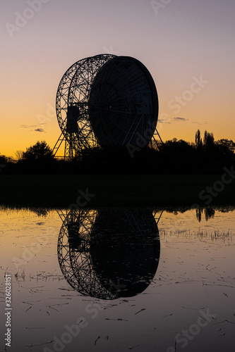 Sunrise at the Lovell Telescope at Jodrell Bank in the Cheshire landscape - a UNESCO World Heritage Site. Radio Telescope Centre for Astrophysics at the University of Manchester