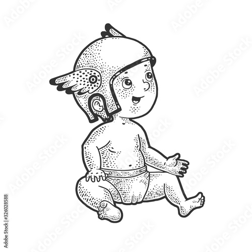Baby in ancient roman helmet with wings sketch engraving vector illustration. T-shirt apparel print design. Scratch board imitation. Black and white hand drawn image.