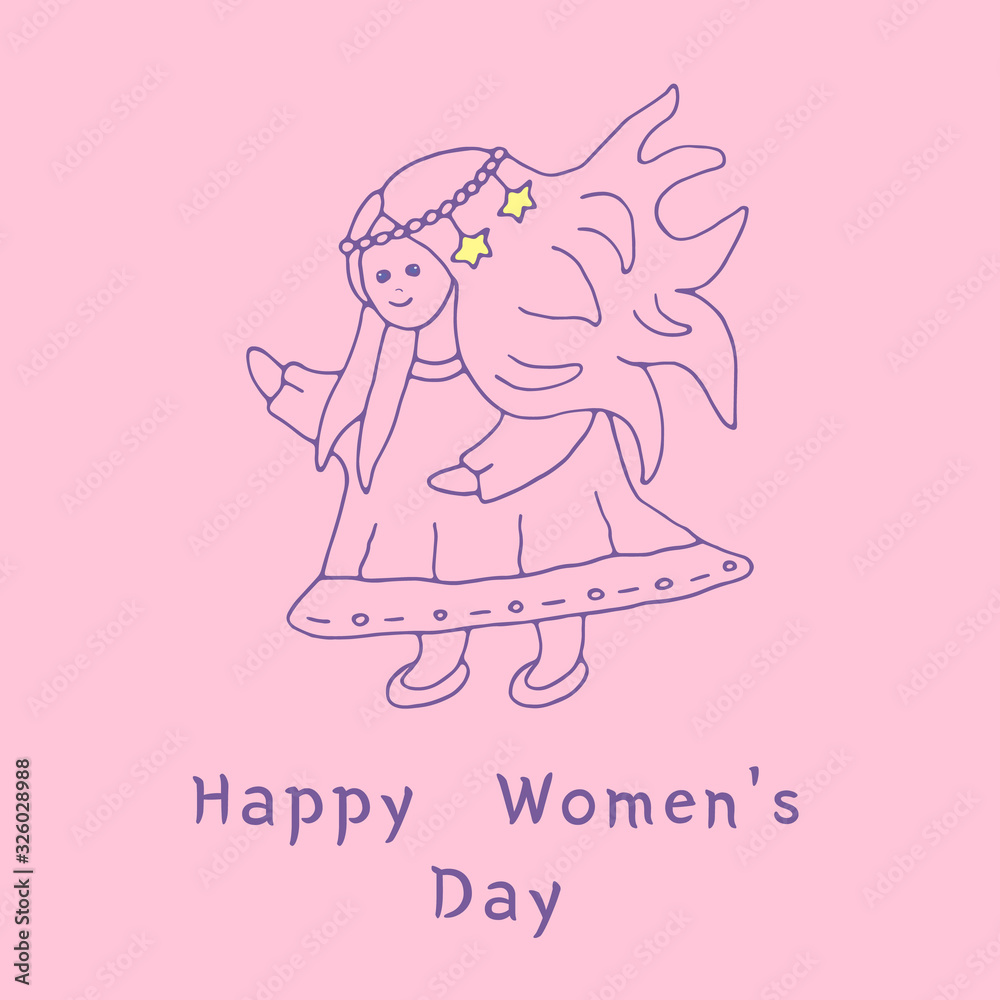 Happy International Women's Day. March 8. Spring mood. Vector templates for card, poster, flyer. Princess in a dress with stars diadem. Happy International Women's Day. March 8. Spring mood. Vector templates for card, poster, flyer. Princess in a dress with stars diadem.