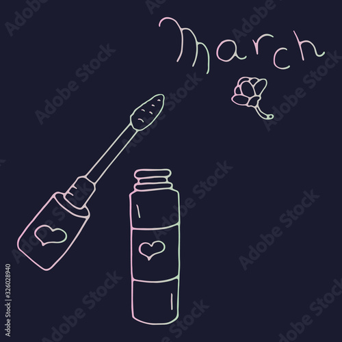 Happy International Women's Day. March 8. Spring mood. Vector templates for card, poster, flyer. Lipgloss with a heart and a flower.