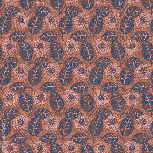 Field of textured flowers and leaves in brown rust and navy blue colors seamless vector pattern. Decorative surface print design. Great for organic products packaging, fabrics and stationery.