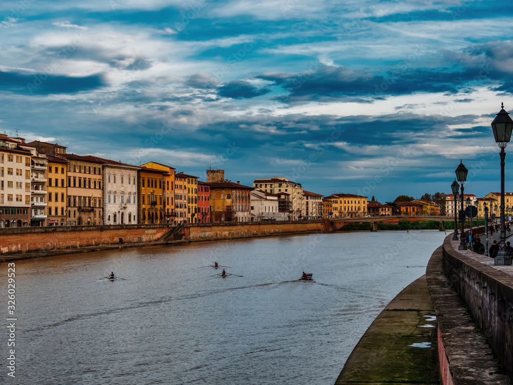 Pisa Italy 11/03/2018: Pisan lungarnos, adorned with wonderful buildings and bridges are the most picturesque and famous places in Pisa, and among the most romantic for sure.Pisa Tuscany Italy