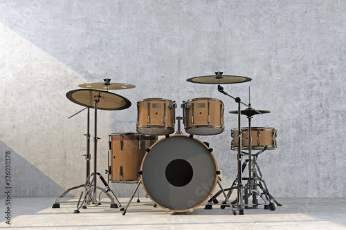bronze drum kit on concrete wall background
