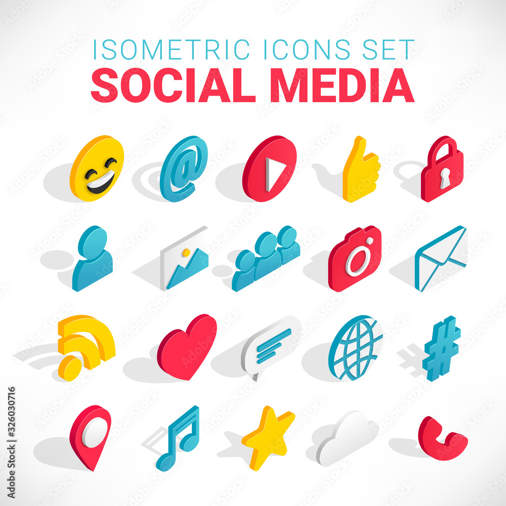 Isometric social media flat icons set. 3d concept with chat, video, mail, phone, hashtag, like, music sign. Web illustration infographics collection Isometric social media flat icons set. 3d concept with chat, video, mail, phone, hashtag, like, music sign. Web illustration infographics collection