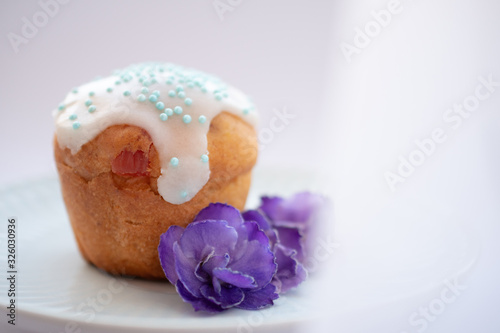 Little Easter cupcake wrapped in sugar icing on a saucer on a white background