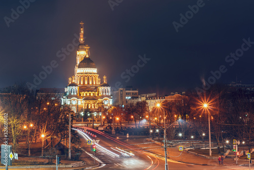 Holy Annunciation Cathedral in the evening illuminated by lights, Kharkiv Ukraine