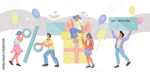 Gift voucher and shopping certificate banner template with people characters getting sale bonus. Clients loyalty program, discount events and special offer event. Flat cartoon vector illustration.