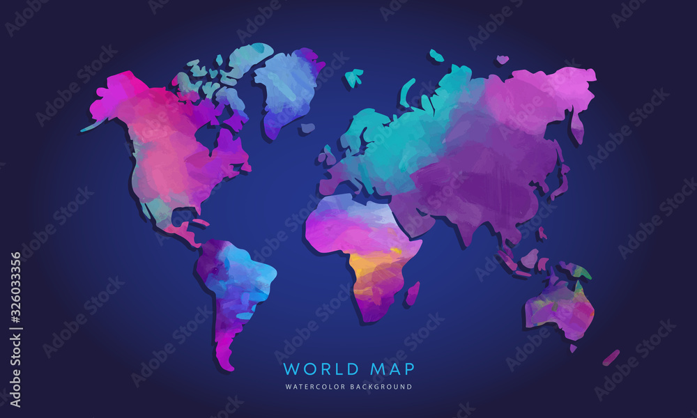 Vector hand drawn watercolor world map isolated on dark background - obrazy, fototapety, plakaty 