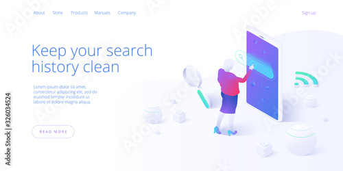 Search engine concept in isometric vector design. Female browsing mobile internet on smartphone. SEO or global website browser access. Web banner layout template.