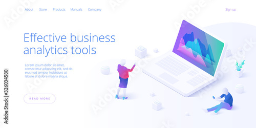 Business analysis isometric vector illustration. Data analytics for company marketing solutions or financial performance. Budget accounting or statistics concept. Web banner layout template.