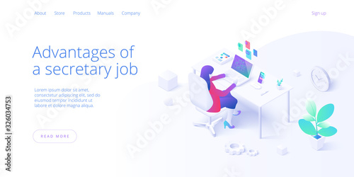 Female secretary busy with laptop job in office in isometric vector illustration. Personal assistant workaholic or overworked woman operator multitasking at desk. Web banner layout template.