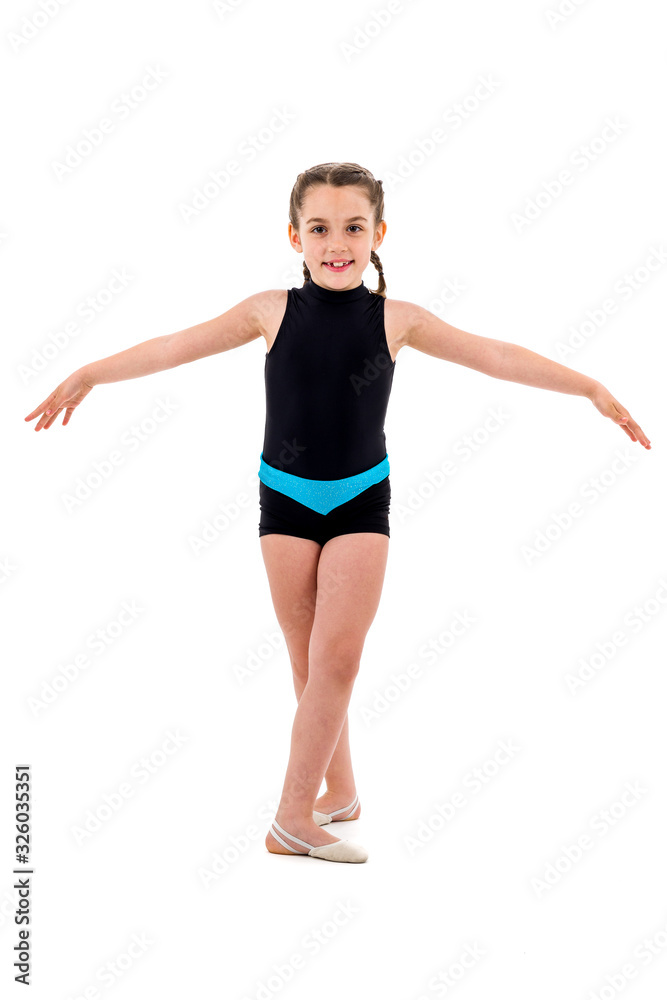 Girl child practice and doing rhythmic gymnastics portrait, white background. Girl child practice and doing rhythmic gymnastics portrait, white background.
