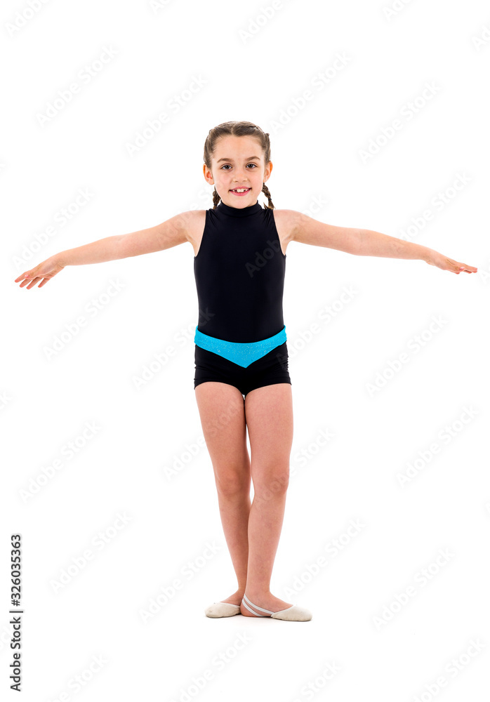 Girl child practice and doing rhythmic gymnastics portrait, white background.
