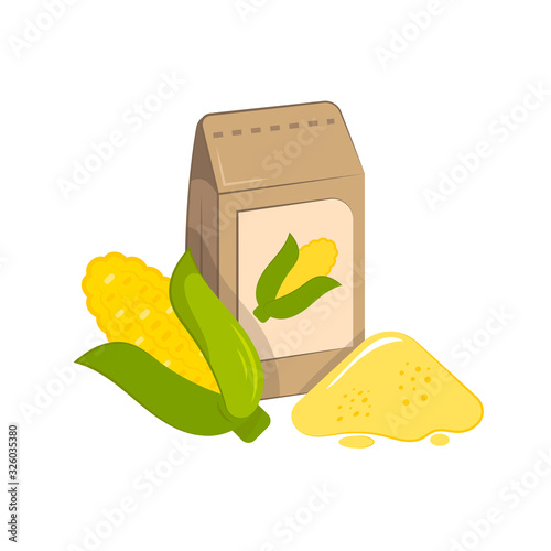 Vector illustration of corn and bag with flour. Food additive on a white background.