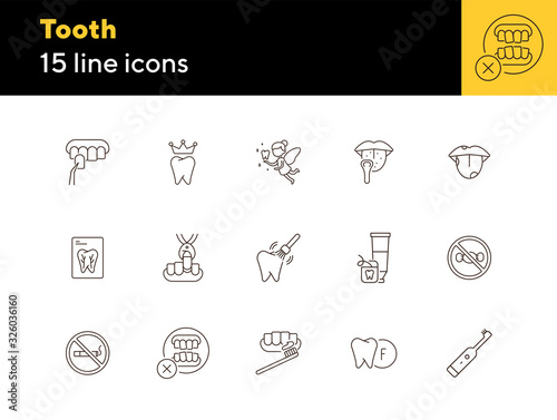 Tooth line icon set. Extraction, no smoking, brush, toothpaste. Dental care concept. Can be used for topics like dentist, pediatric dentistry, health care