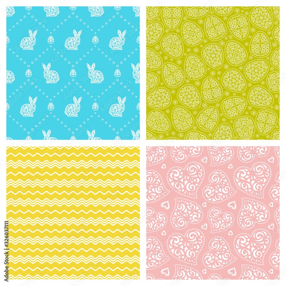 Set of cute multicolored seamless patterns for happy Easter. Eggs, rabbits, hearts, waves, zigzags on green, pink, blue and yellow backgrounds. Texture for wallpaper, textile, fabrics, wrapping paper.