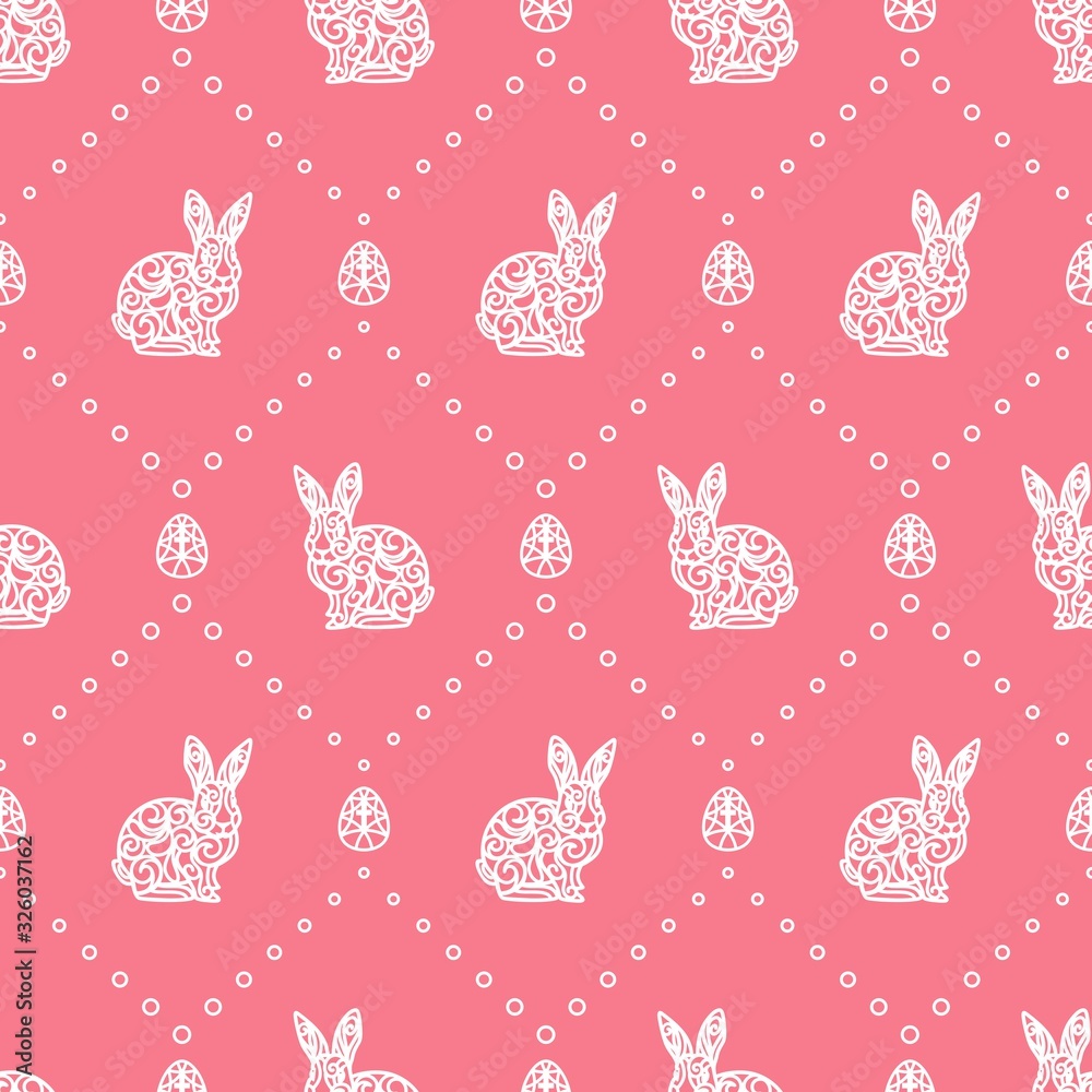 Seamless pattern for happy Easter day on a pink background. White eggs with a cross and rabbits (hares) with lace ornament. Repeating texture for wallpaper design, website, print, textile. Vector. Seamless pattern for happy Easter day on a pink background. White eggs with a cross and rabbits (hares) with lace ornament. Repeating texture for wallpaper design, website, print, textile. Vector.