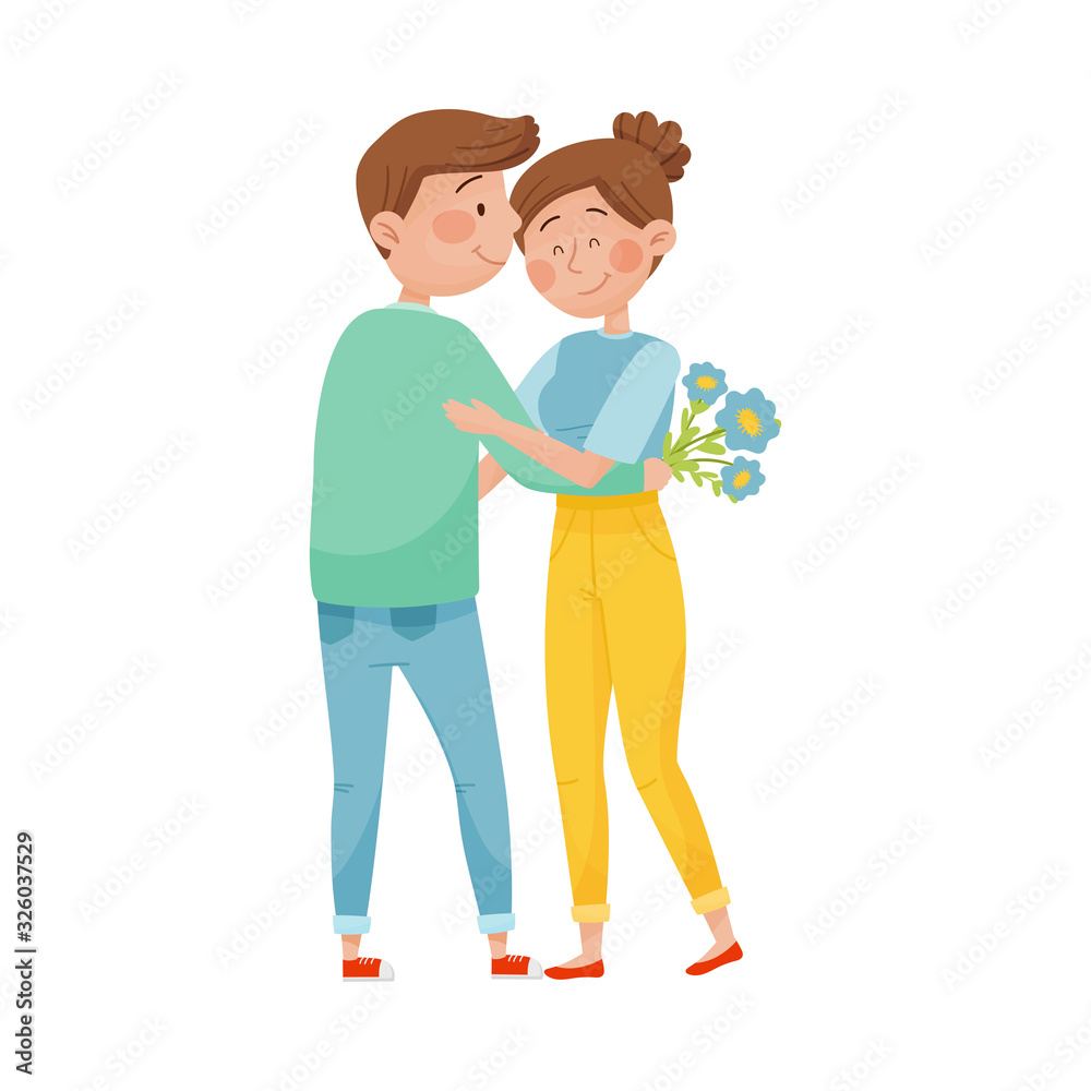 Smiling Man Embracing Woman and Giving Her a Bunch of Flowers Vector Illustration