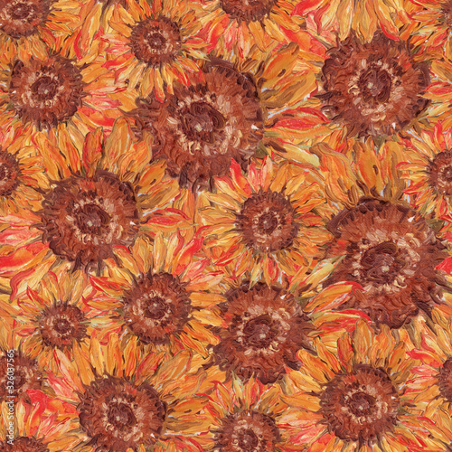 A pattern with a sunflower. flower sunflower. Oil painting. Textiles, wallpaper, wrapping paper. Color. Background texture oil, sunflower oil, handmade