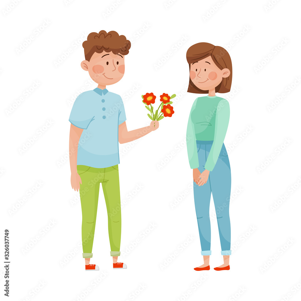 Smiling Man Giving Bunch of Flowers to Woman Vector Illustration Smiling Man Giving Bunch of Flowers to Woman Vector Illustration