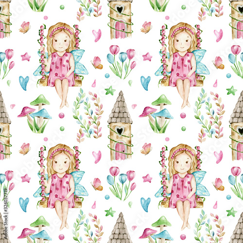 Cute watercolor seamless pattern. Hand drawn watercolor fairy girls, forest c...