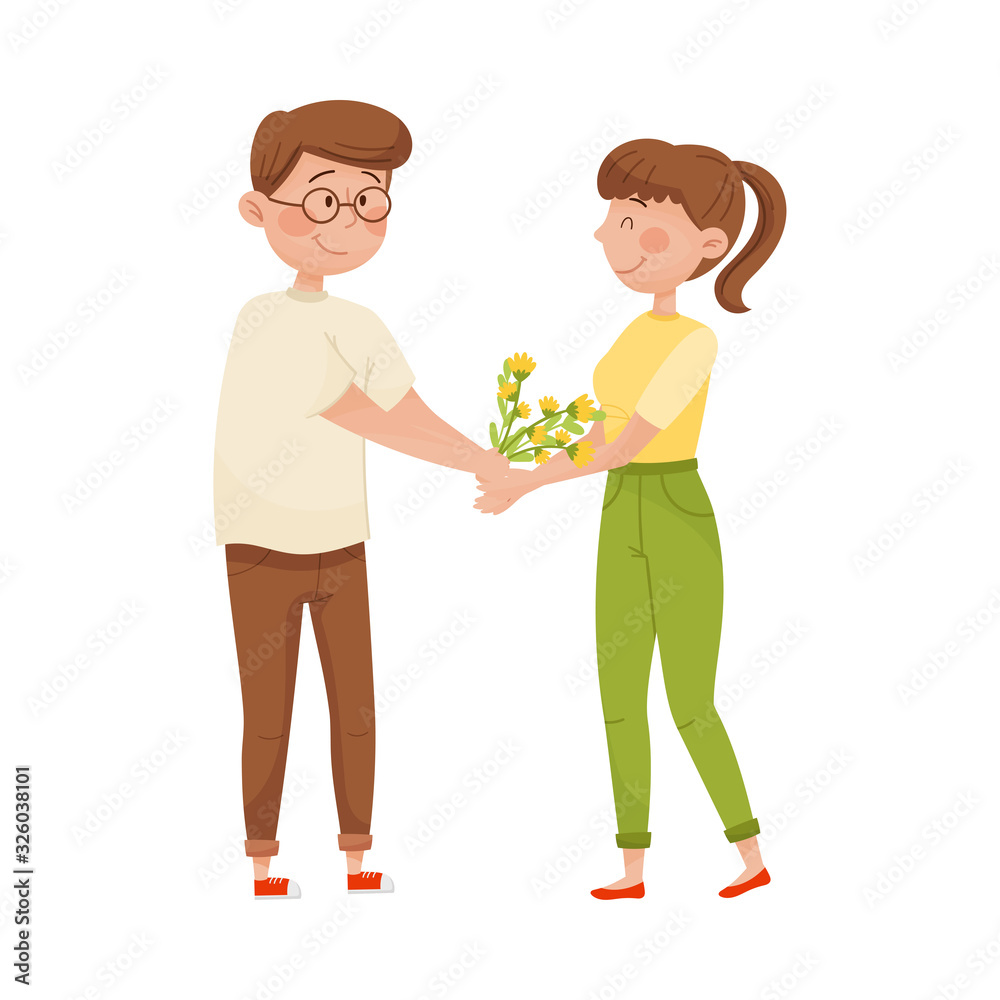 Smiling Man in Glasses Giving Bunch of Flowers to Woman Vector Illustration Smiling Man in Glasses Giving Bunch of Flowers to Woman Vector Illustration