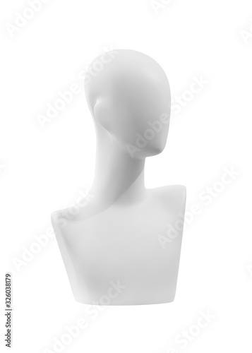 Mannequin isolate on a white background. Faceless mannequin close up. Fashionable mannequin without eyes and mouth.