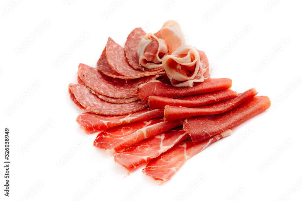 slices of ham and different meat isolated on white background slices of ham and different meat isolated on white background