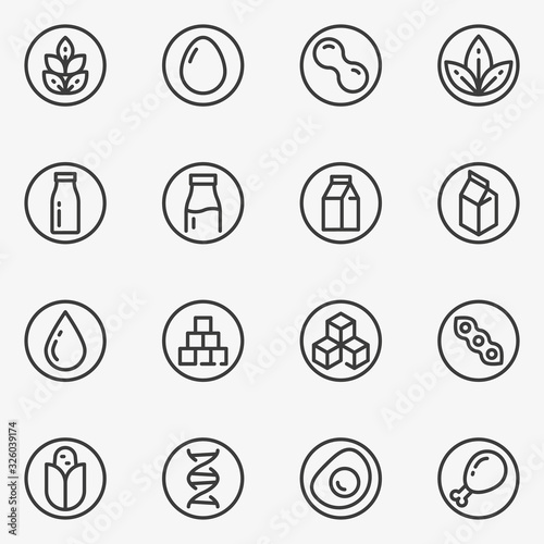 Set ingredient warning labels line black and white vector icon.