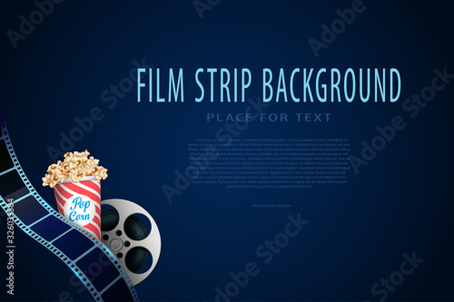 3D Film reel with film strips in waveform and pop corn box. Modern cinema background with place for text. Design template for festival, advertising, brochure, ticket, publication,poster. Movie concept