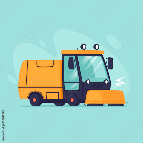 Street cleaning, a car sweeping and washing the streets. Flat design vector illustration. 