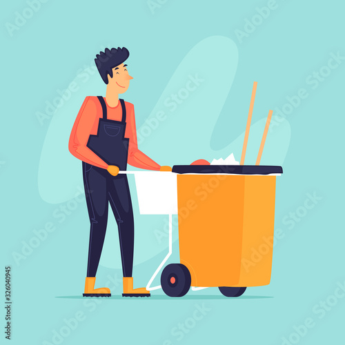 Street cleaning, a man drags a container, a cleaner. Flat design vector illustration.